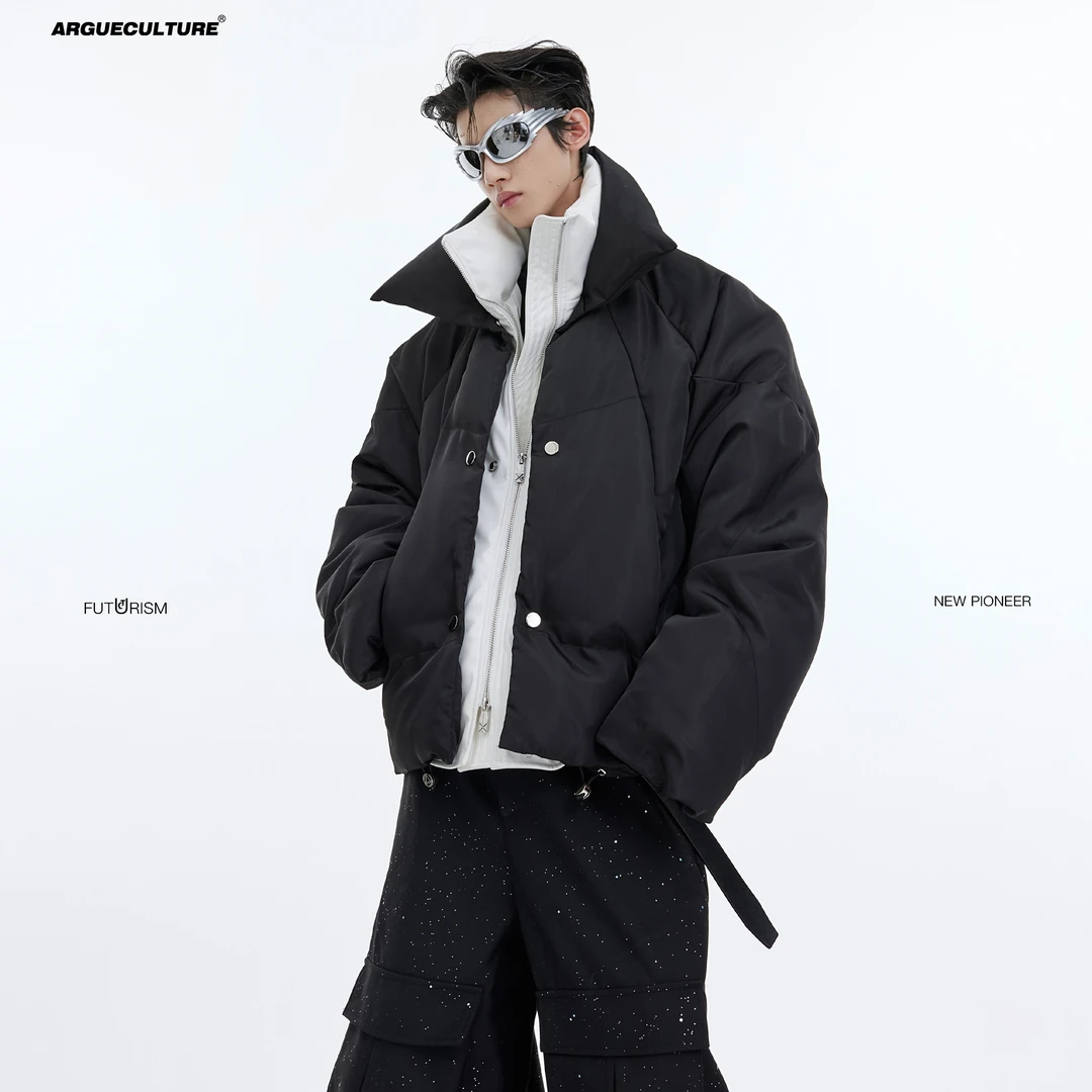 CulturE小众结构流光亮面双层设计感棉服外套金属纽扣假两件棉衣