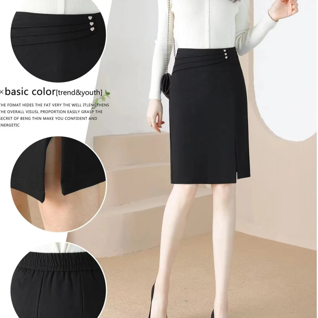 时尚三扣后面松紧腰显瘦百搭中长裙（139）