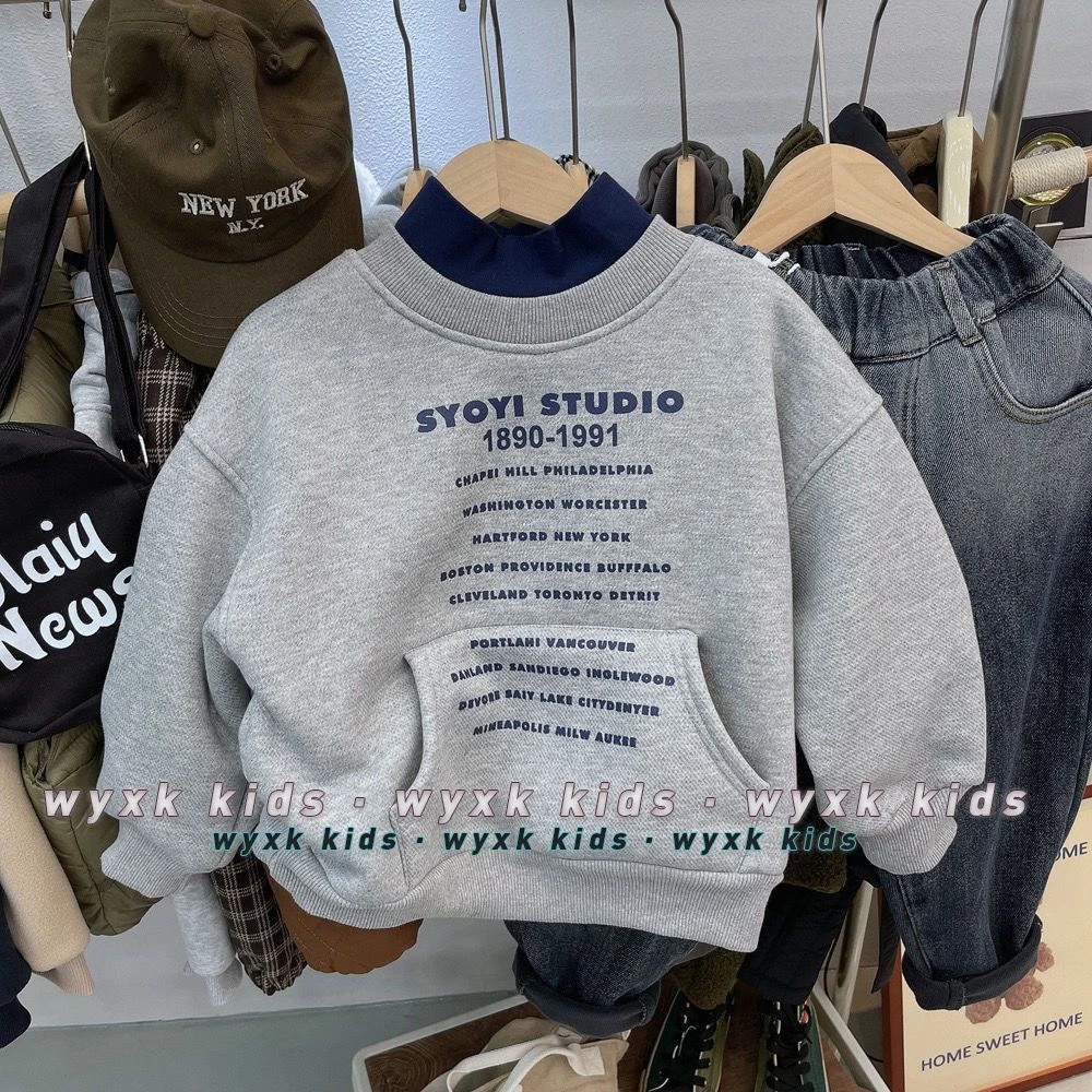 中领假两件加绒卫衣加绒加厚羊羔绒一体绒2024冬季新款男童上衣潮