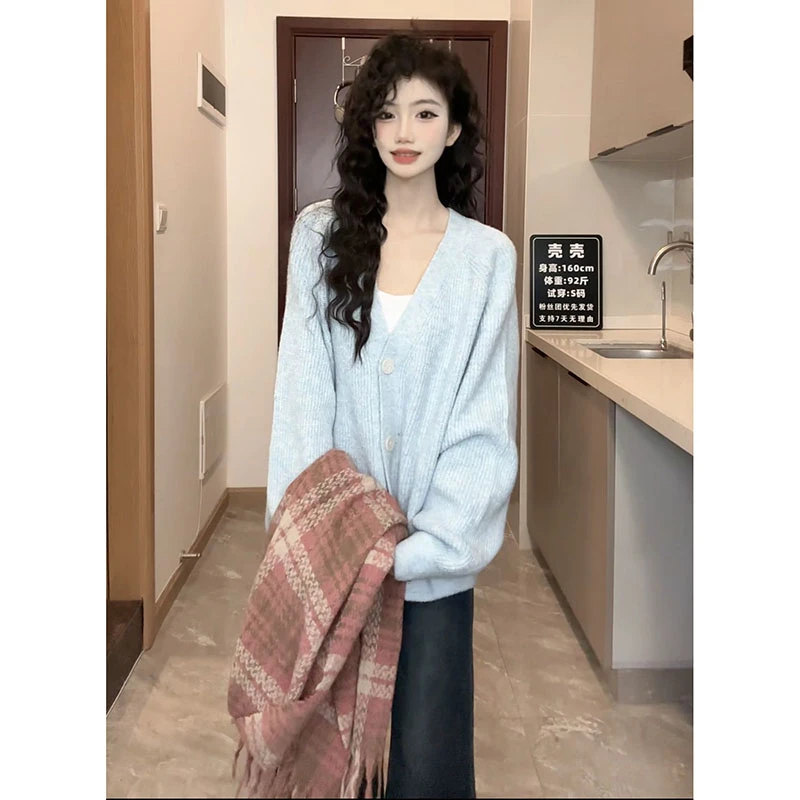 炸街蓝色慵懒风针织开衫毛衣女外套春季韩系宽松V领小众百搭上衣