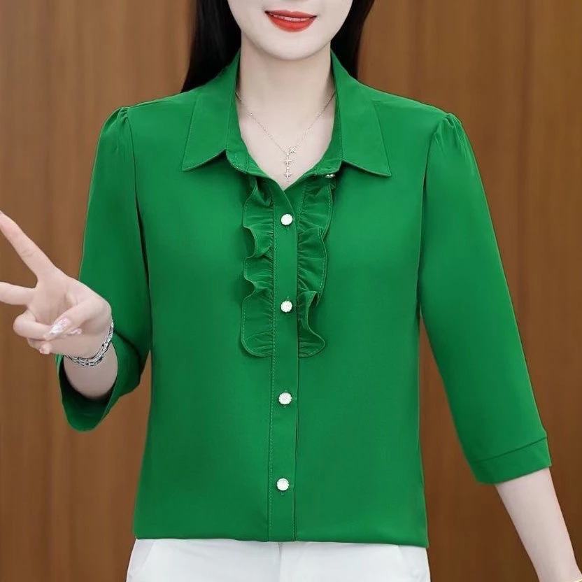 高档夏季翻领纯色开衫大码女装妈妈上衣衬衫洋气时尚百搭木耳宽松