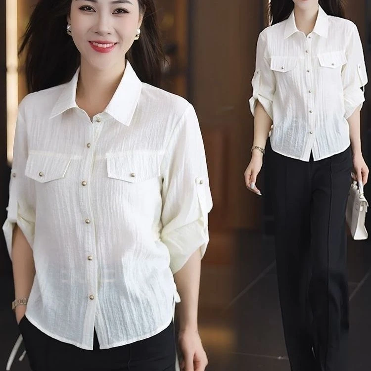 2024秋装新款时尚长袖衬衫气质减龄设计宽松肚子显瘦上衣衬衣