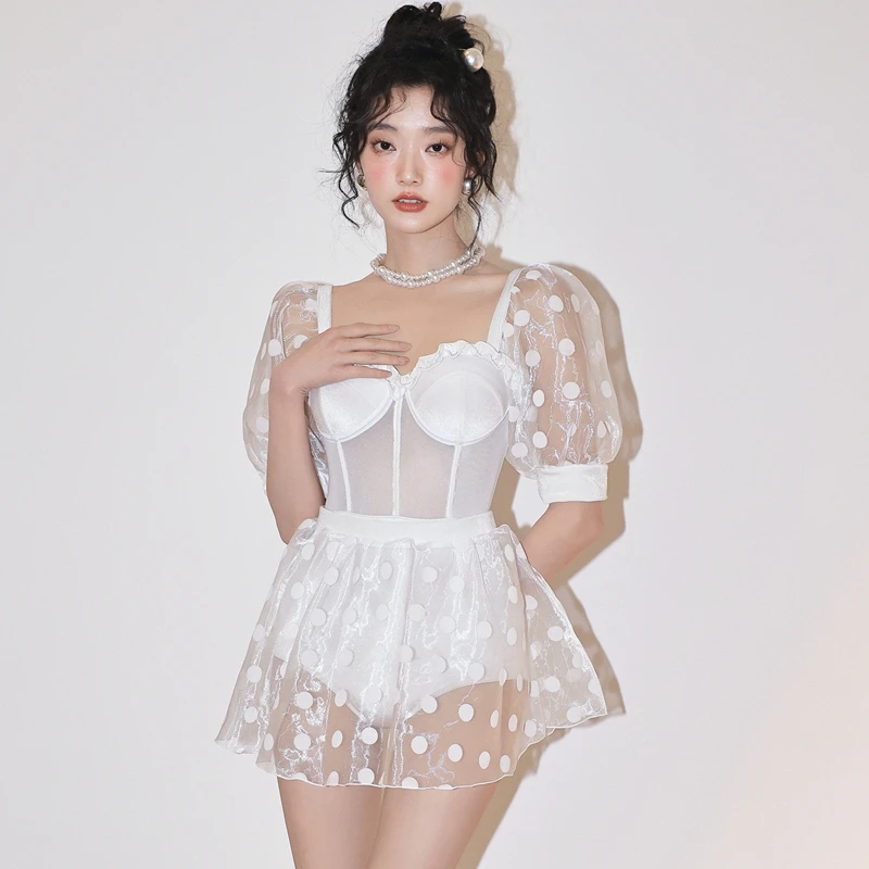 VSHA【白桃气泡】连体温泉度假泳衣波点遮肉显瘦减龄仙女甜美少女