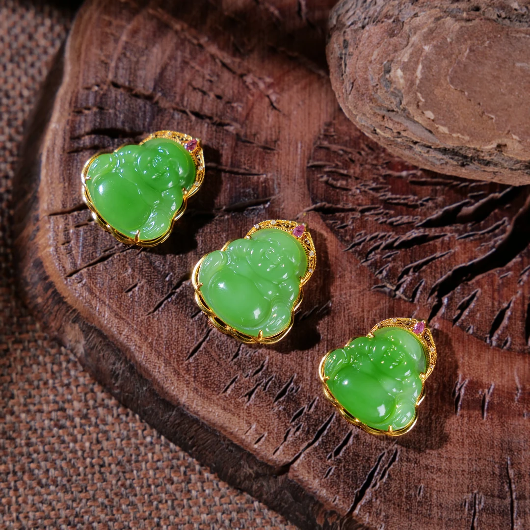 【小雨来了】18k金镶嵌碧玉苹果绿大肚佛吊坠 挂件 多样性发一件