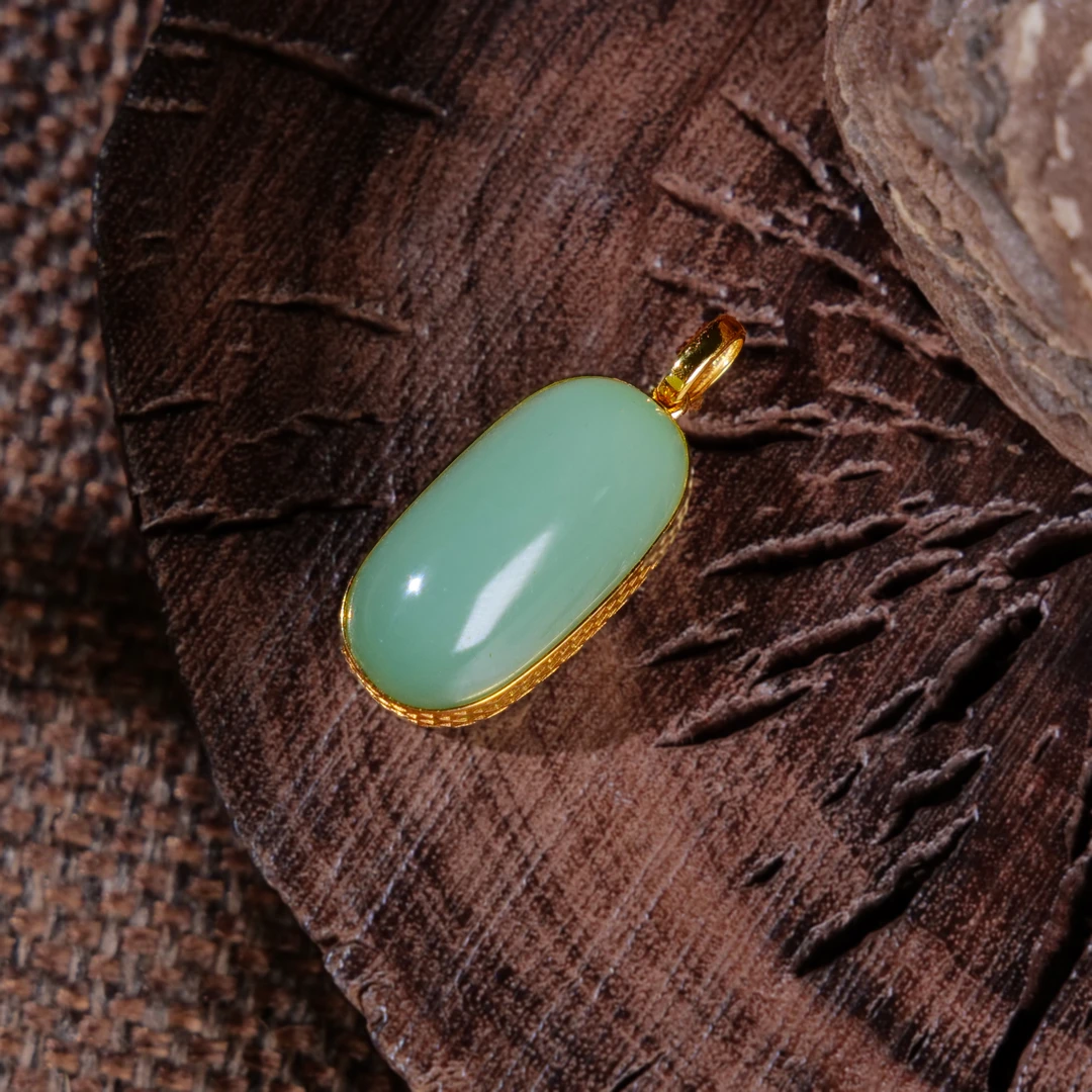 【小雨来了】18k金和田玉碧玉粉青蛋面吊坠  挂件 和田玉吊坠