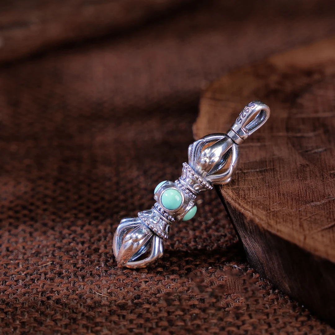 【小雨来了】925银镶嵌绿松石金刚杵吊坠 文玩 挂坠 挂件 略有不同