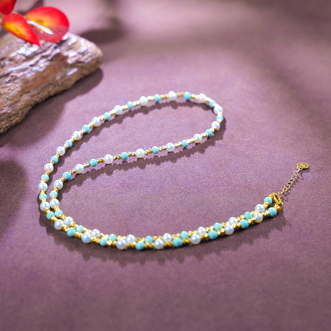 【小雨来了】18k金3mm珍珠配绿松石锁骨链 满天星项链 颈链