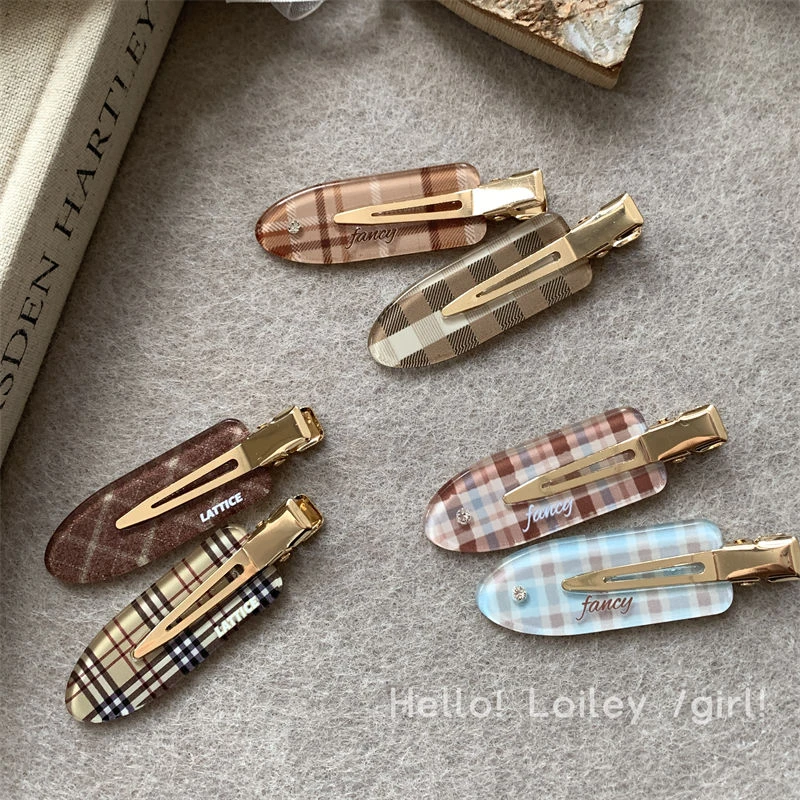 ins风复古格纹发夹化妆无痕边夹少女刘海碎发夹鸭嘴夹子头饰发卡