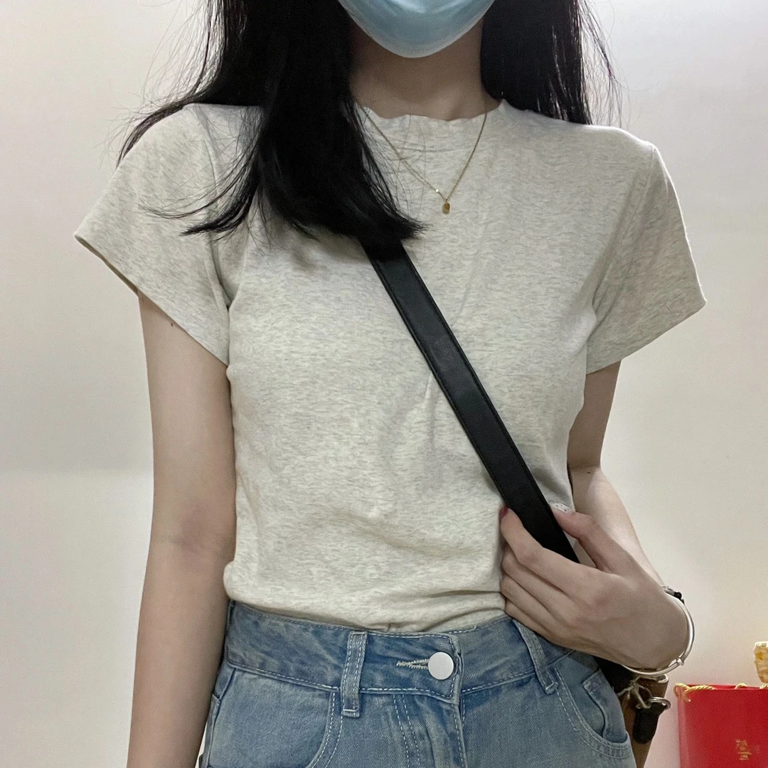 【新品】复古美式t恤正肩短袖女夏季小众内搭打底修身短款显瘦上衣