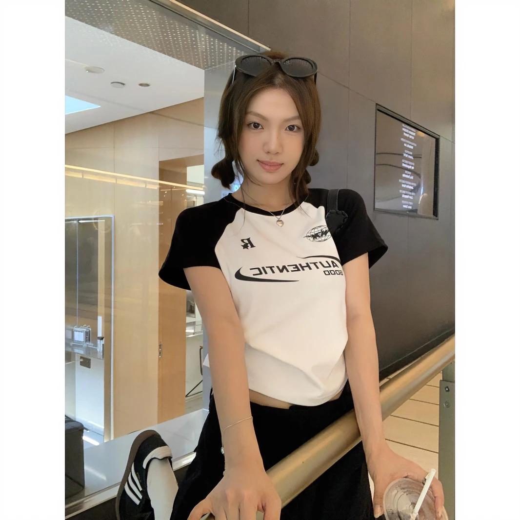 美式字母印花短袖T恤女夏季复古撞色宽松打底衫小众短款上衣ins潮