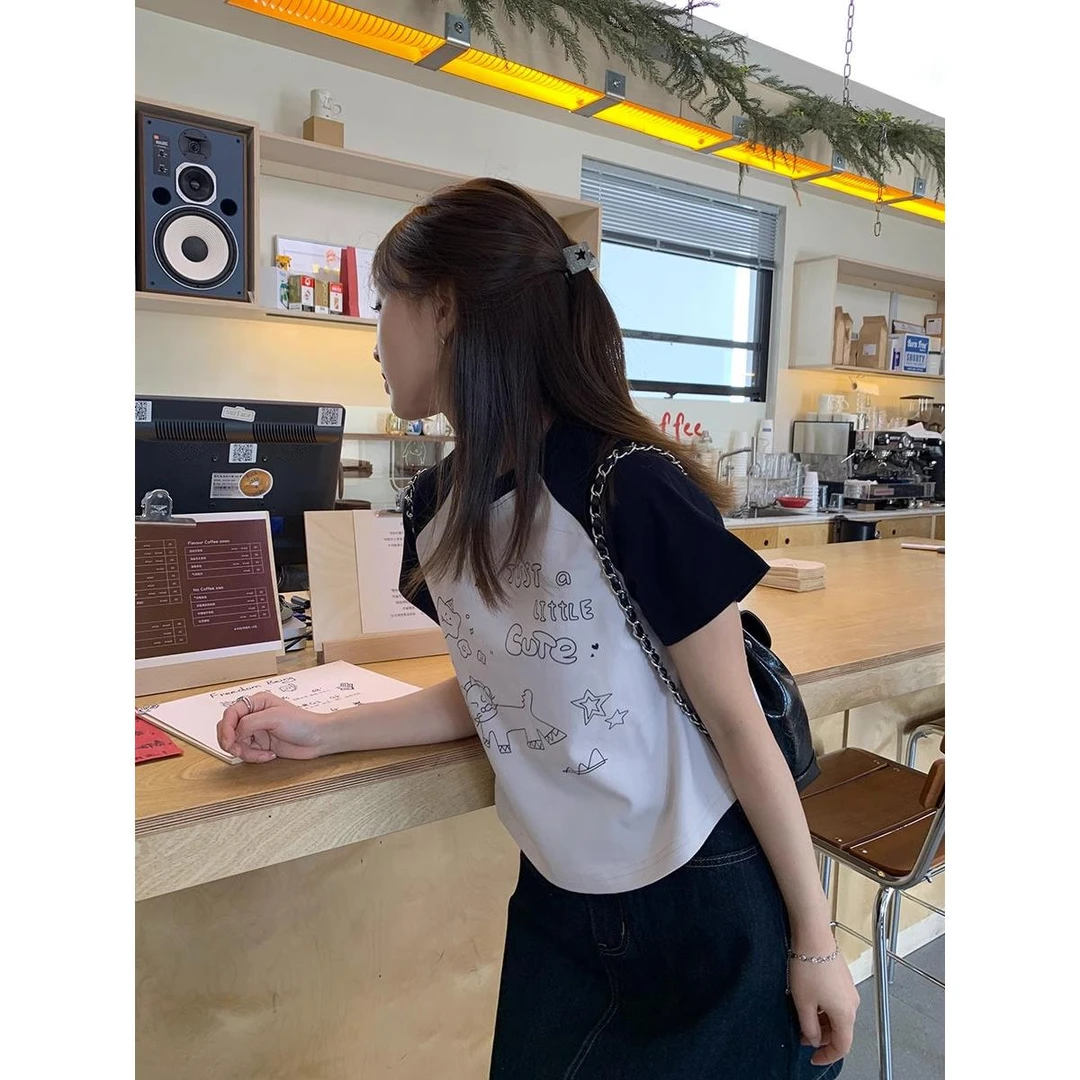 美式复古正肩短袖t恤女夏季设计感小众插肩袖撞色甜酷风短款上衣