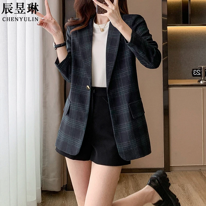 英伦风绿色格子西装外套女秋冬气质宽松设计感休闲西服上衣春秋