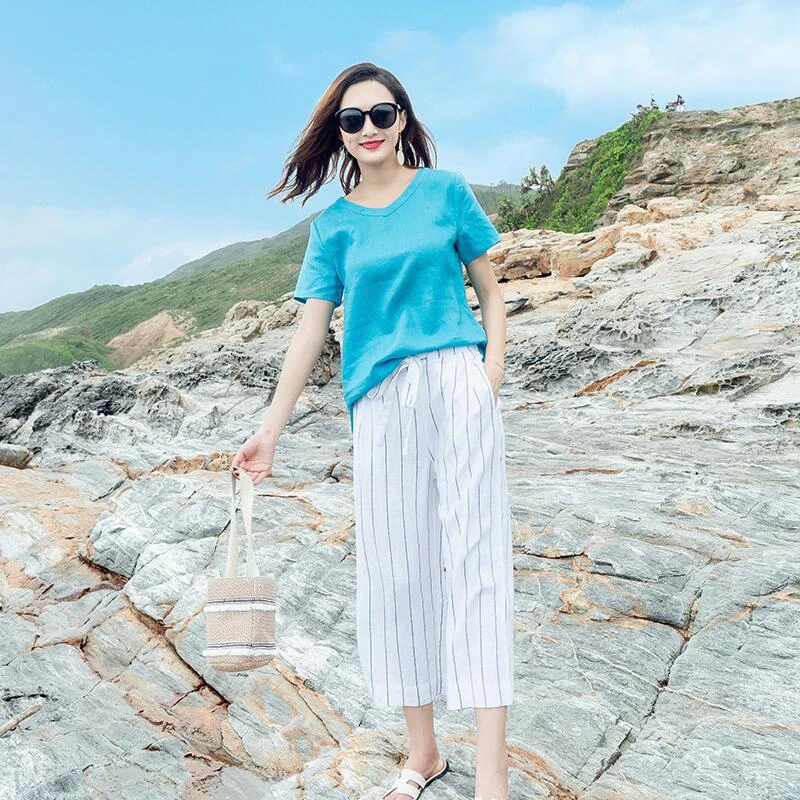 原创亚麻上衣短袖女装夏装2023新款打底衫宽松大码v领棉麻衬衫