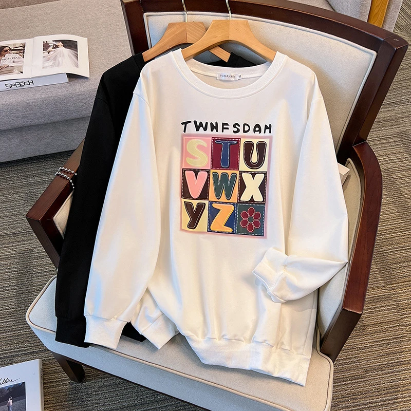 大码女装300斤胖MM秋冬休闲宽松圆领印花时尚长袖卫衣6098