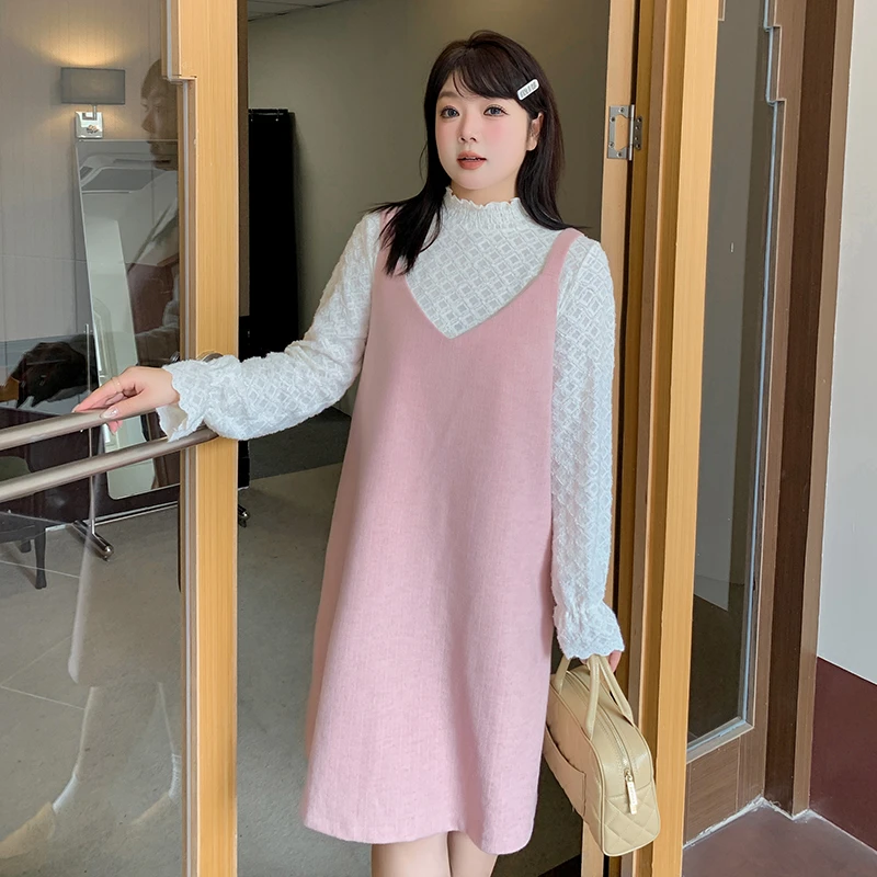 411810大码女装220斤胖MM法式甜美风高领蕾丝打底衫吊带裙套装