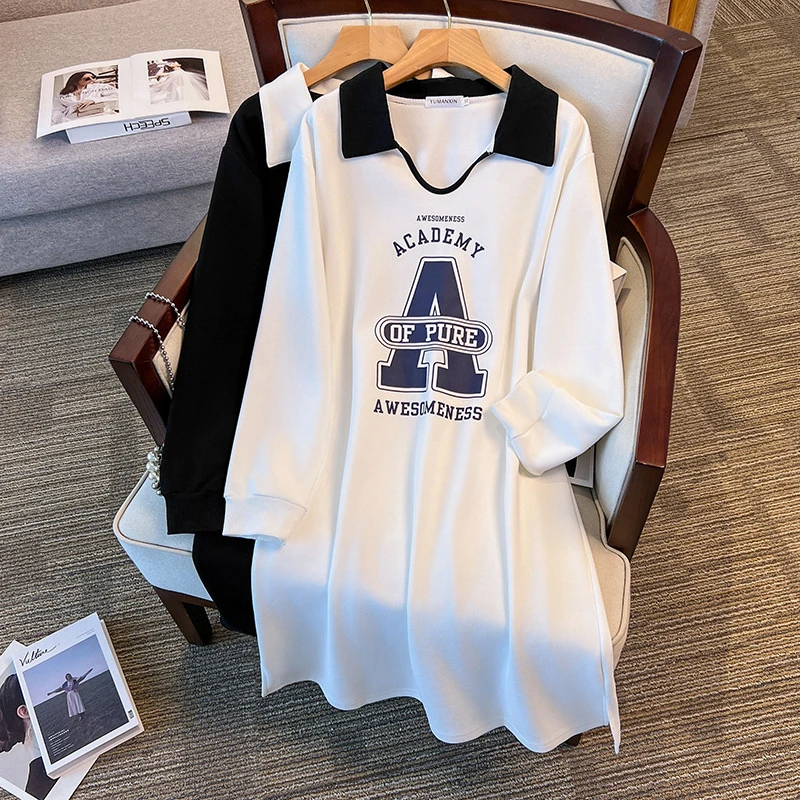 大码女装300斤秋季休闲风宽松印花中长款卫衣连衣裙6010