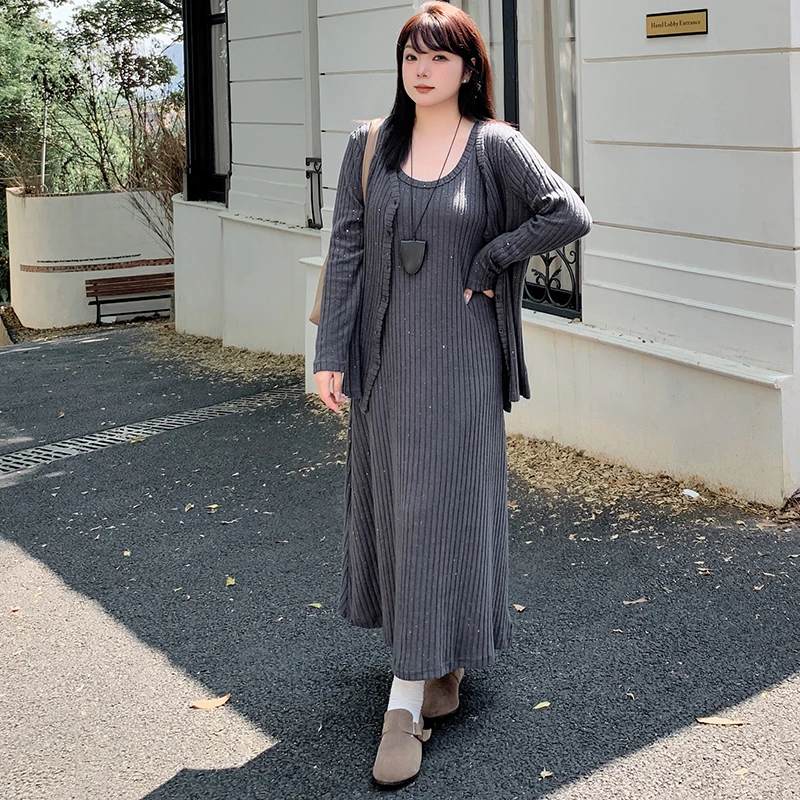 大码女装220斤胖MM休闲风细闪针织外套背心裙两件套装331794