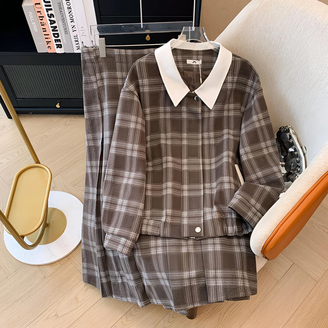 大码女装300斤胖MM秋冬复古时尚格子翻领外套半身裙套装66613