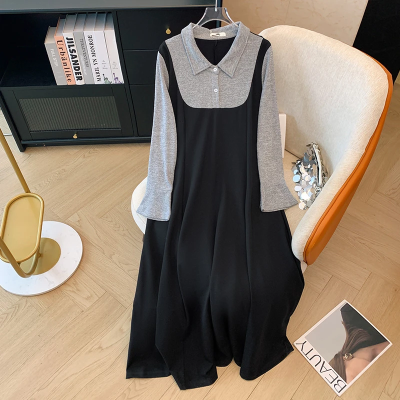 大码女装300斤胖MMm法式时尚复古假两件针织拼接连衣裙66651