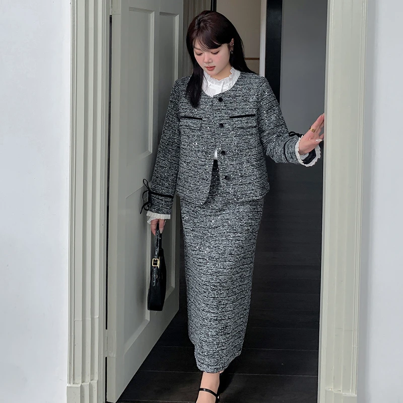 大码女装240斤胖MM法式小香风复古外套高腰半裙显瘦套装421862