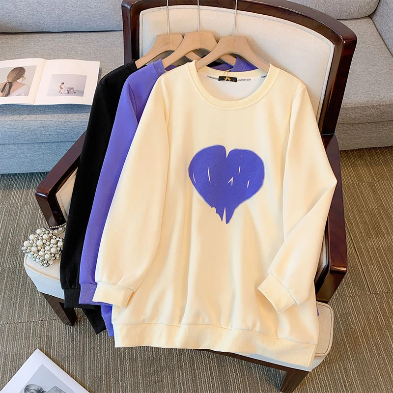 大码女装300斤秋季时尚休闲风百搭宽松圆领爱心印花卫衣63925