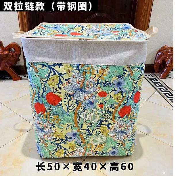 120升【双拉链款带钢圈】春意盎然 百合花（带盖）收纳袋整理箱  防尘