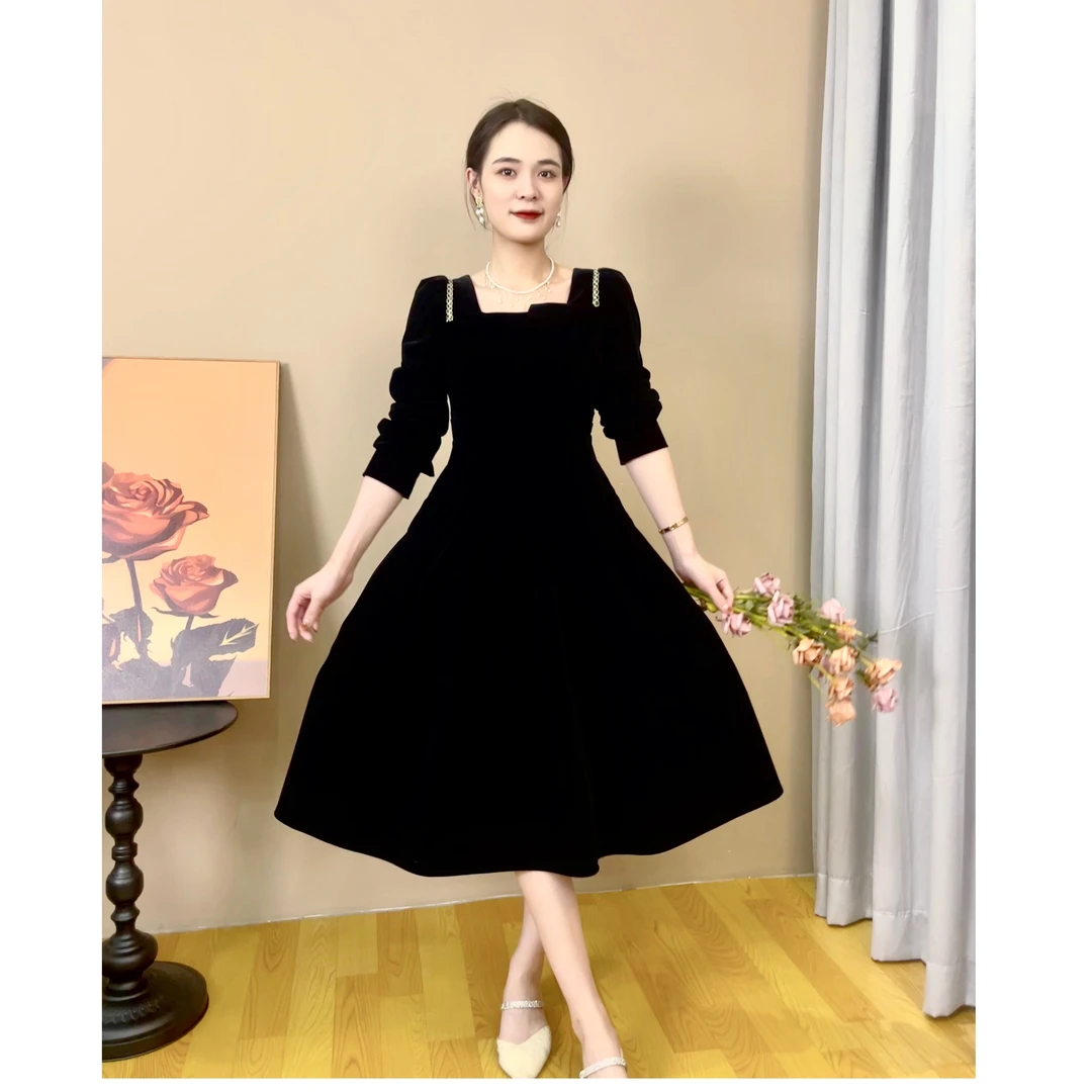 【林兮定制】贝壳领金织带法式复古收腰显瘦气质长袖连衣裙RS2207