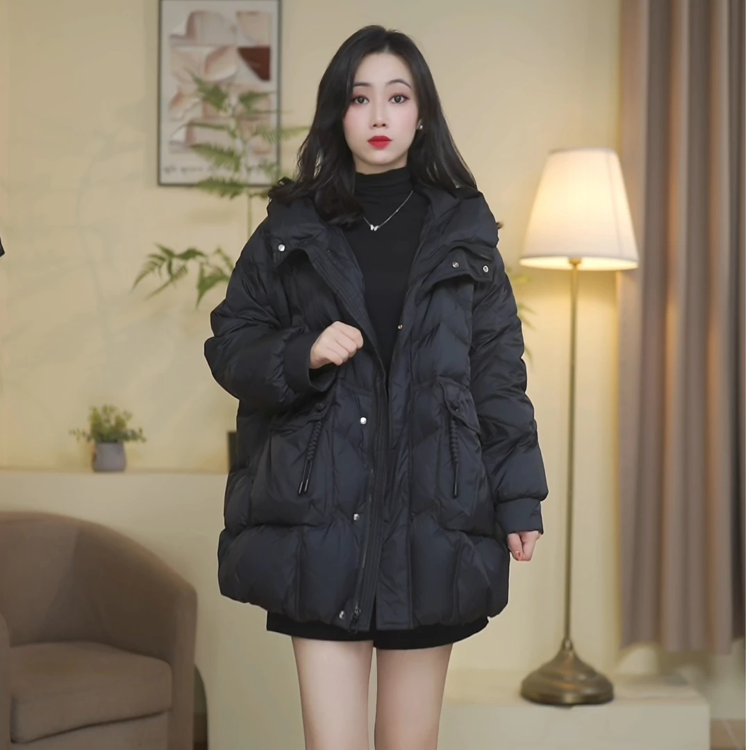 新款气质女款韩版百搭加厚中长款连帽休闲时尚款宽松保暖外套