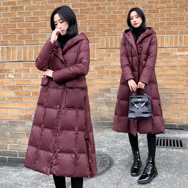 中长款白鸭绒过膝连帽冬季外套保暖下摆搭扣时尚韩版显瘦羽绒服