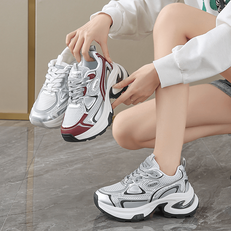 网面厚底老爹鞋明星同款女2024新款夏透气银色增高休闲鞋