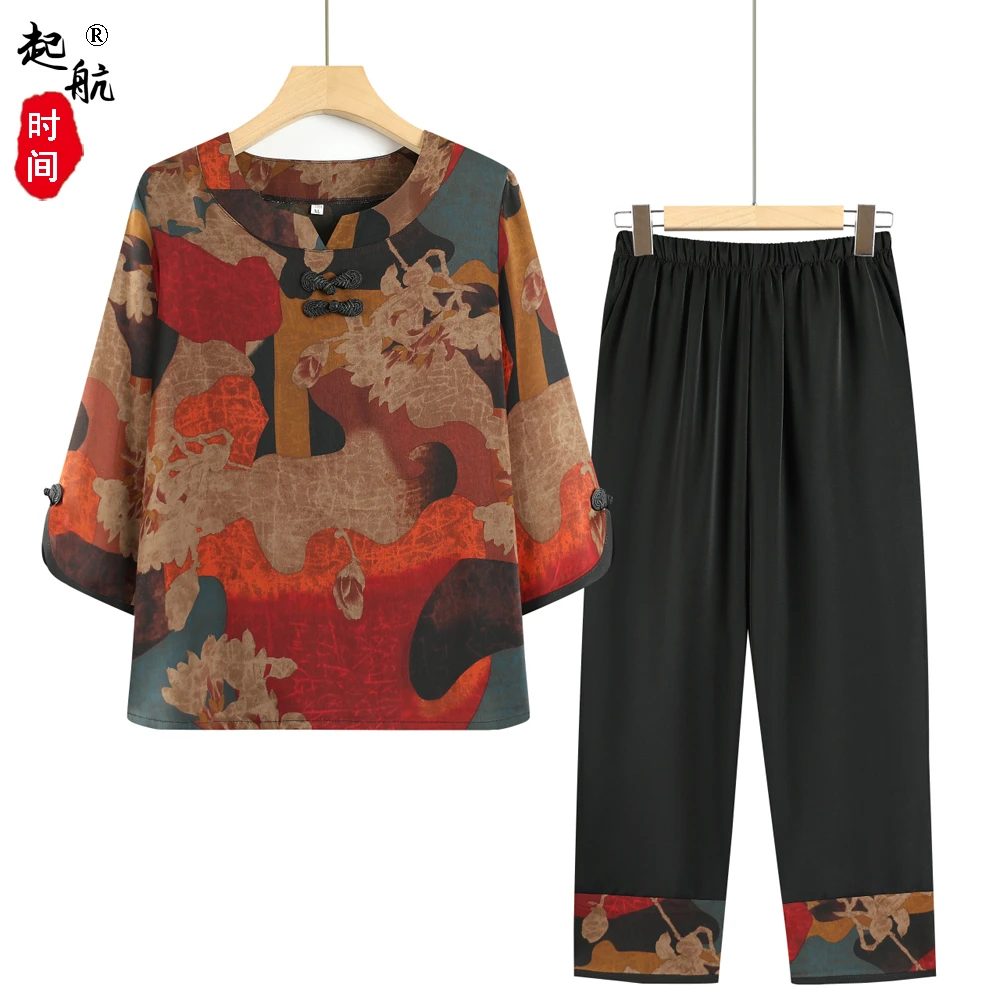 妈妈夏装套装中老年女上衣老年人两件套雪纺短袖t恤奶奶休闲衣服