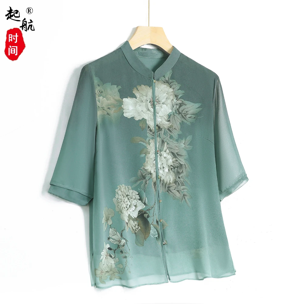 中老年人夏装女妈妈纱袖雪纺衬衫60岁70奶奶装T恤老太太老人衣服
