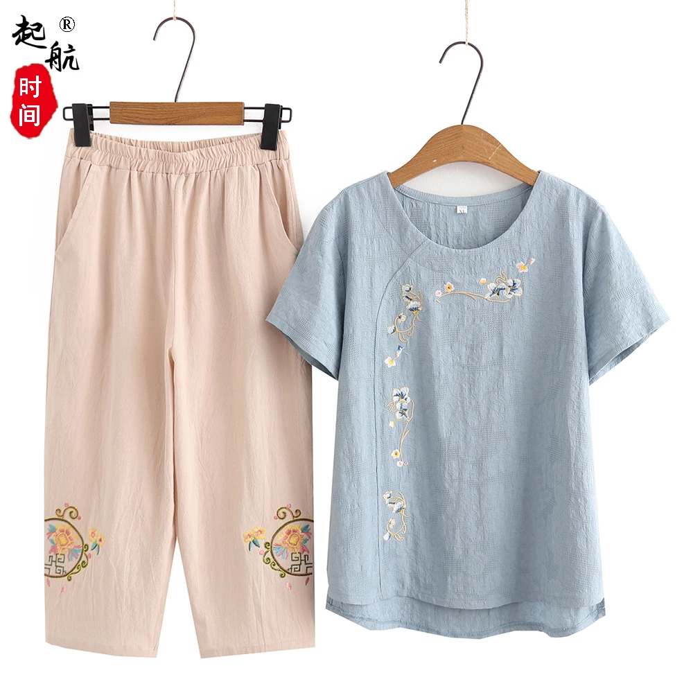 中老年夏装套装棉麻短袖洋气奶奶夏季绣花上衣老人衣服妈妈装夏款