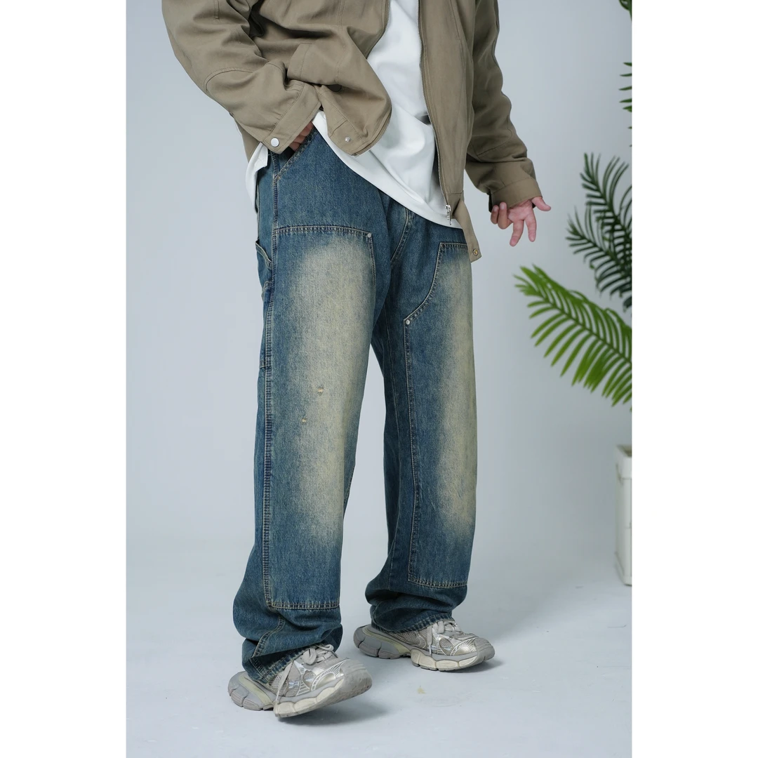 heypang春季新款伐木复古做旧阔腿牛仔裤街头宽松直筒ins长裤