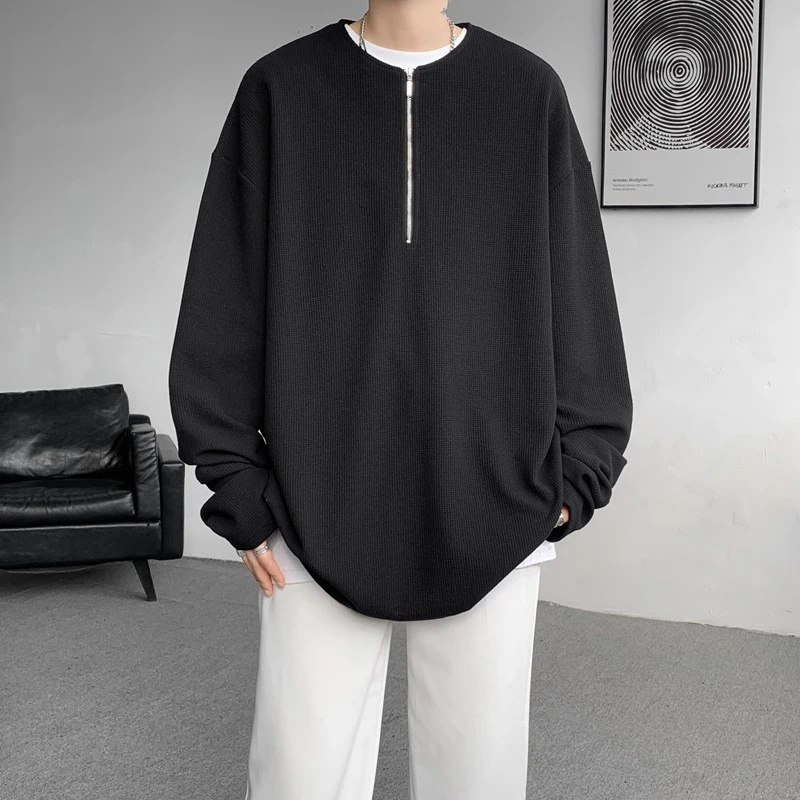 heypang春季半拉链华夫格内搭男美式休闲大码显瘦纯色长袖上衣
