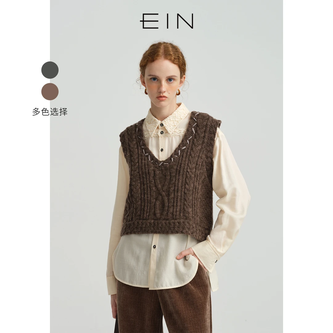 EIN/言古着感绞花绵羊毛V领截短式复古叠穿针织衫背心2025春款