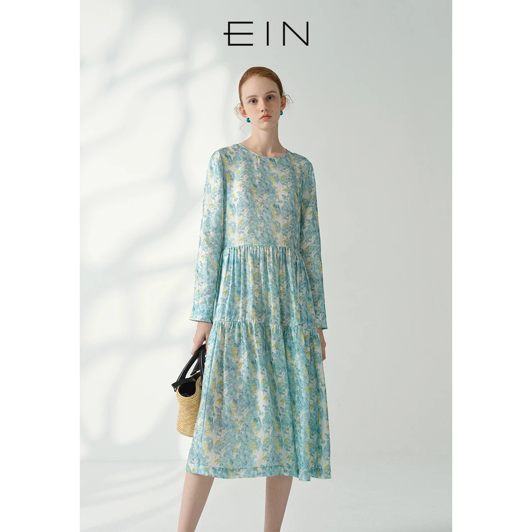 EIN/言【商场同款】度假风气质提花印花圆领桑蚕丝连衣裙25秋款