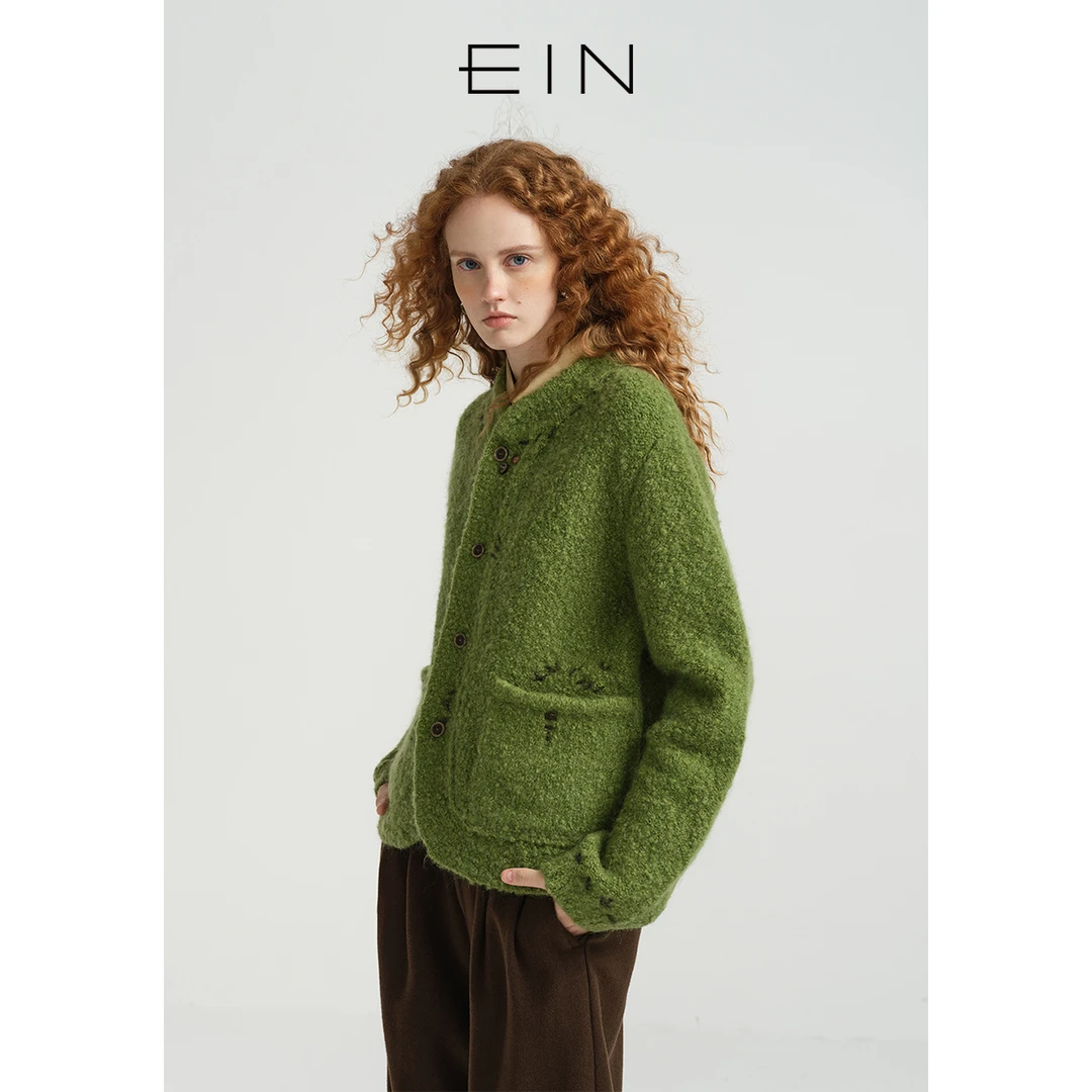 EIN/言圈圈纱手作绣花绵羊毛圆领弧型衣摆针织短外套2025秋款