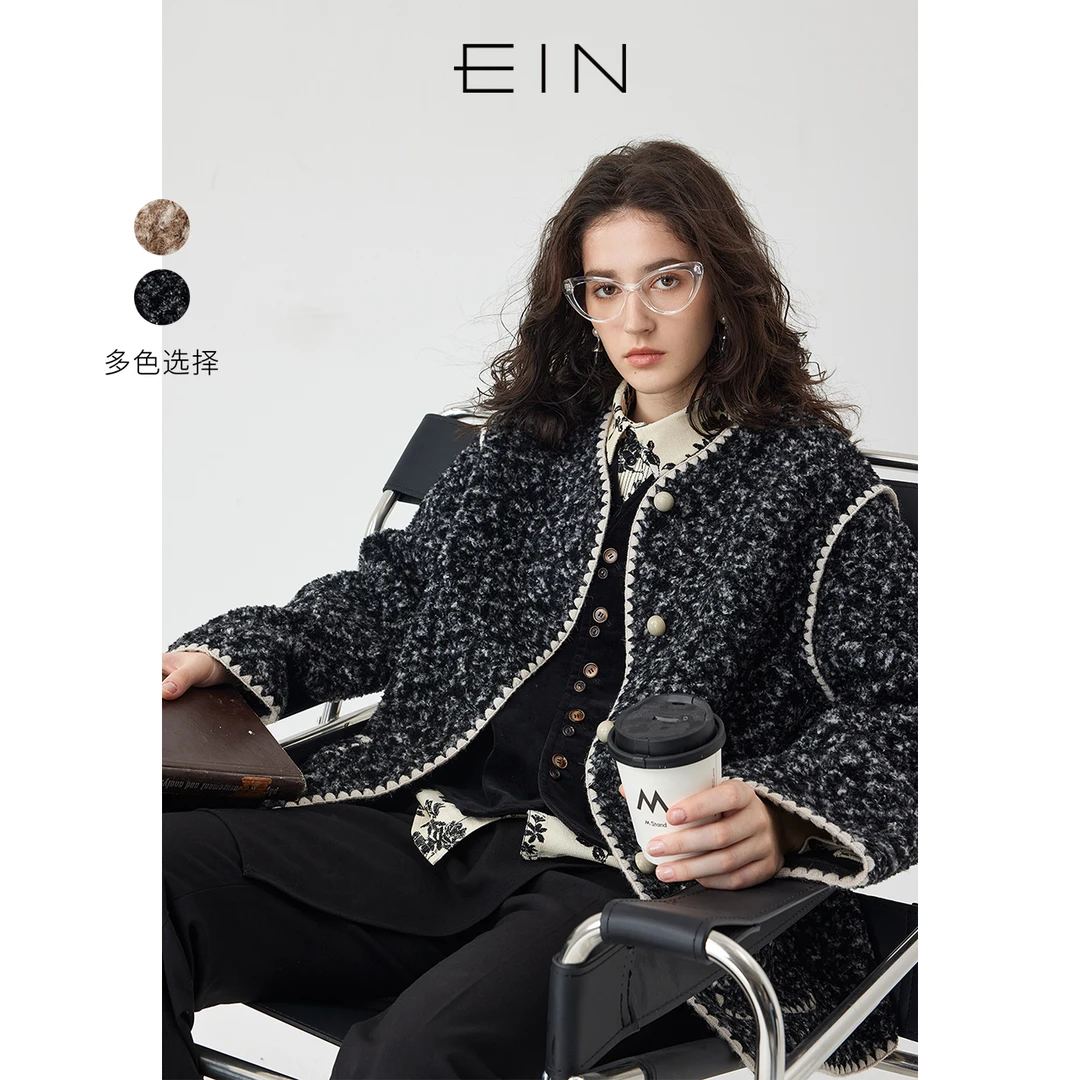 EIN/言复古千金玛德琳贝壳绣勾边杂花落肩袖绵羊毛大衣23秋冬新款