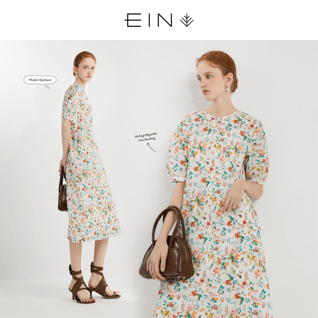 EIN/言【花卉收藏家】2024春季新品文艺气质清水彩花稿连衣裙长裙女