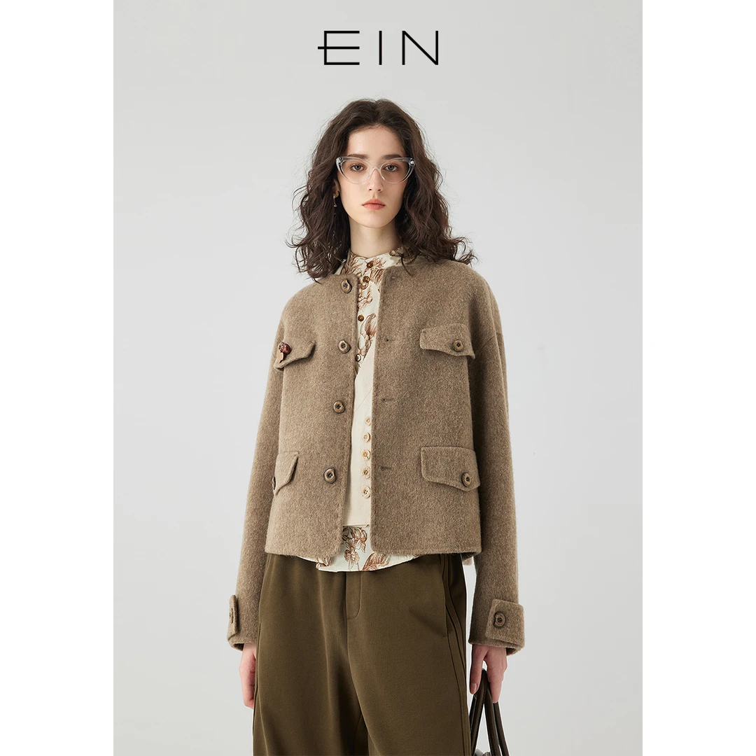 EIN/言【文艺知识分子】工装风无领双面呢绵羊毛短大衣女装25秋冬