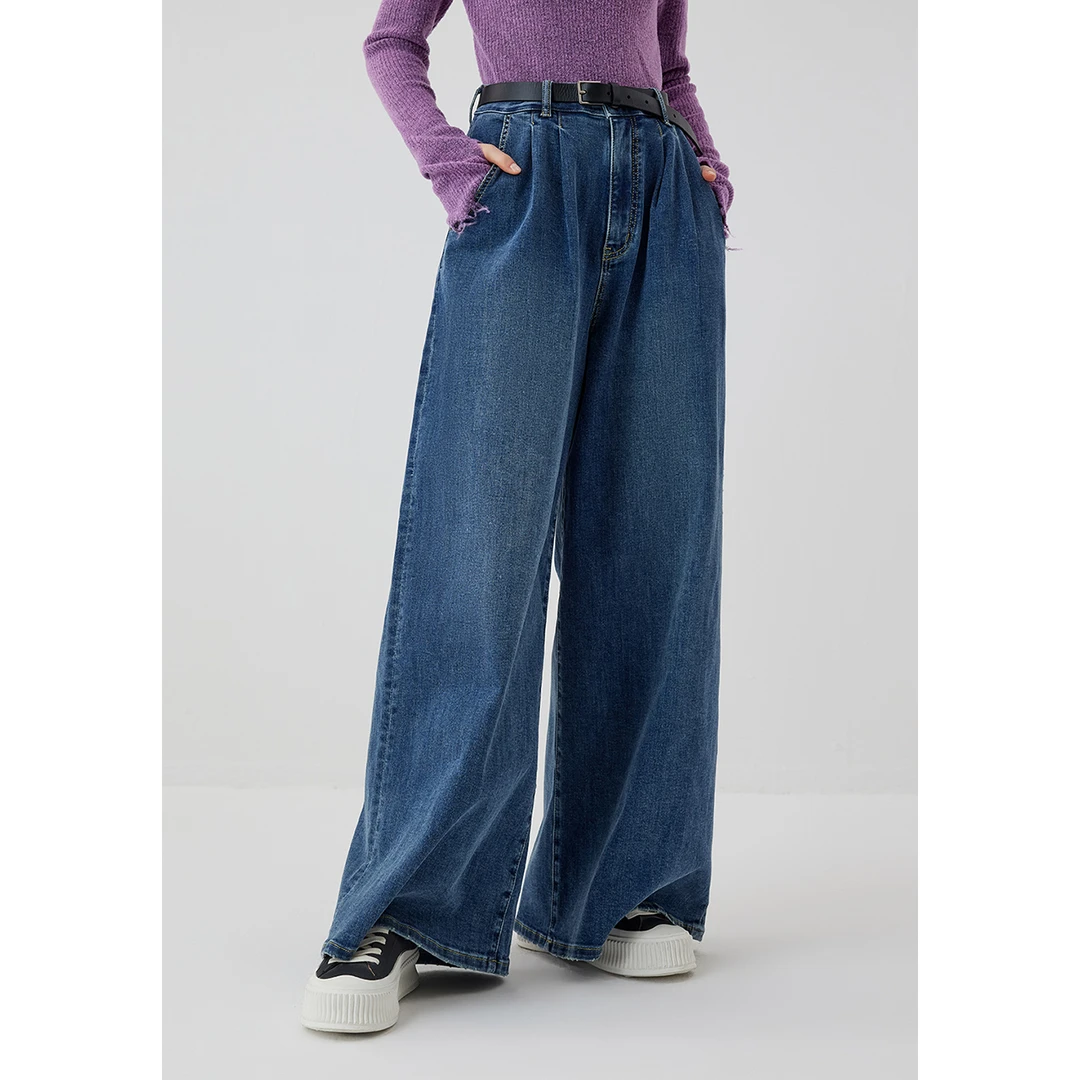 EIN/言丹宁风牛仔高腰宽松时尚拖地复古休闲阔腿长裤子25秋冬女