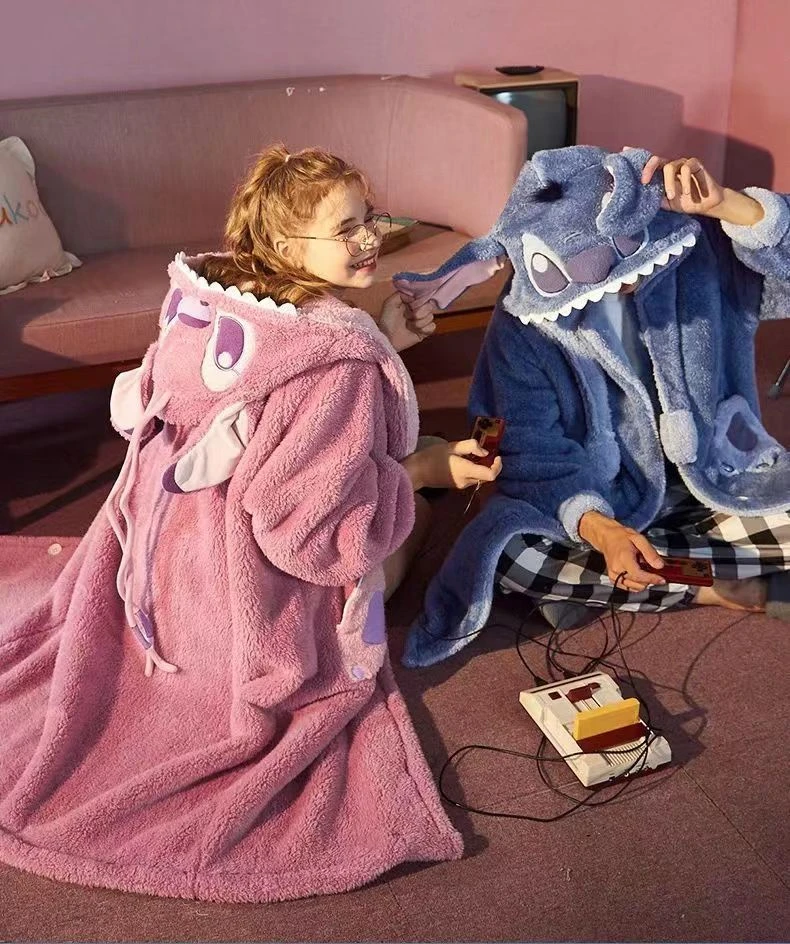 史迪仔情侣秋冬加厚睡袍浴袍学生中长款男女卡通8090外穿家居服