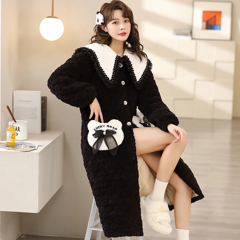 睡衣冬天女士珊瑚绒加绒加厚三层夹棉睡袍甜美保暖韩版冬款家居服