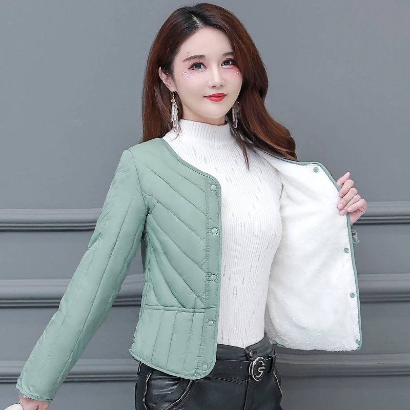 加厚女士秋冬长袖外穿加绒百搭棉服外套条纹内胆贴身修身显瘦棉袄