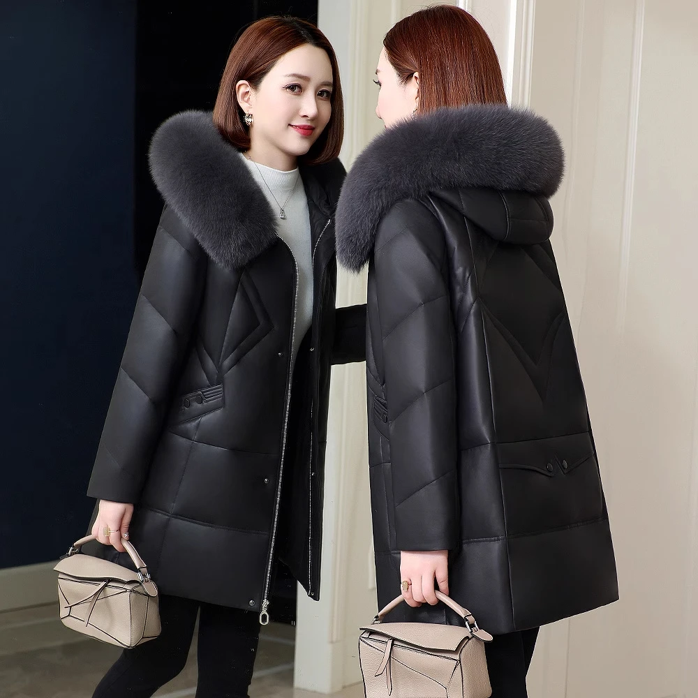 海宁高端真皮羽绒服女2024冬装新款中长款中年妈妈绵羊皮皮衣外套