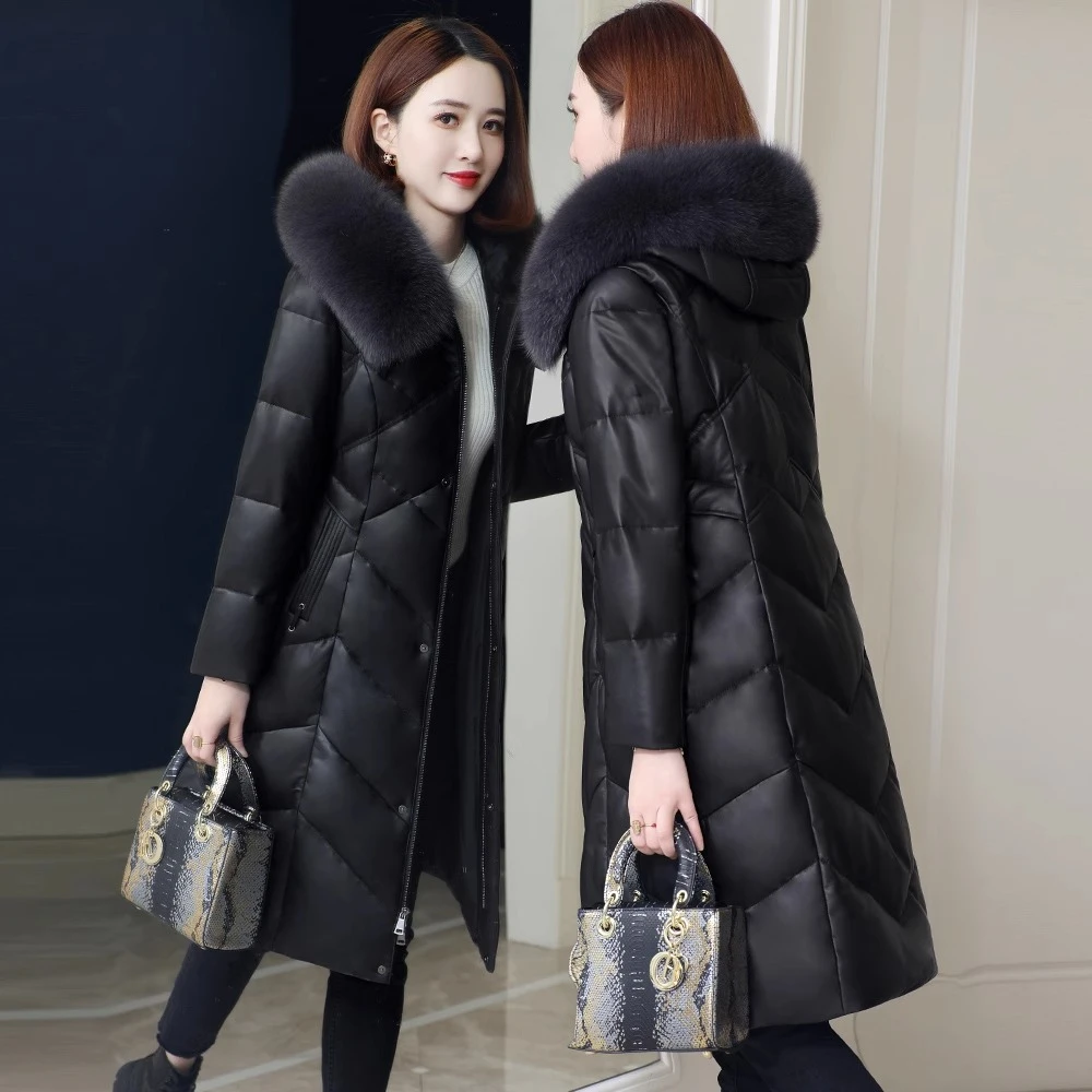真皮羽绒服女中长款皮衣2025冬季新款海宁绵羊皮中年妈妈简约外套