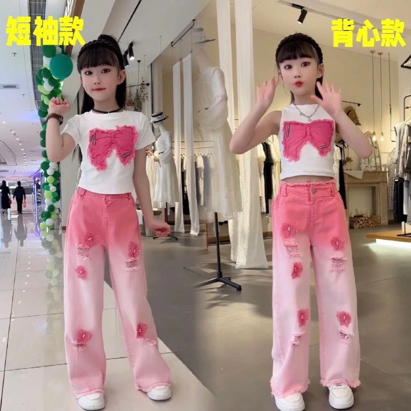 女童时尚洋气宽松2024新款夏季儿童休闲多巴胺蝴蝶结中大童两件套