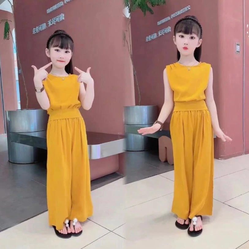 女童夏季洋气时尚休闲薄款气质无袖显瘦高腰纯色时髦阔腿裤套装