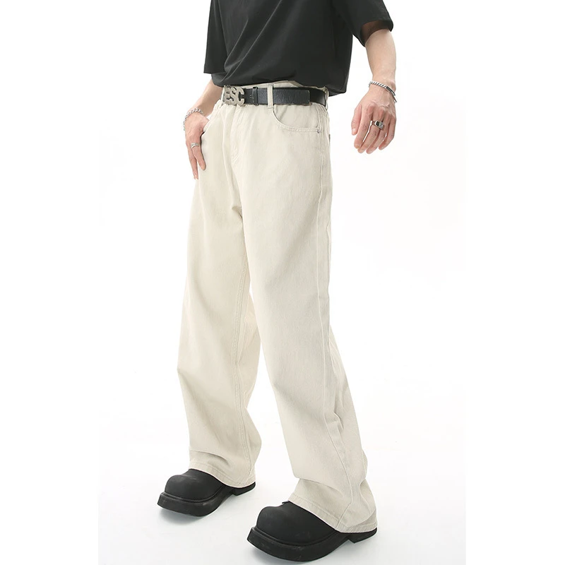 cleanfit白色直筒牛仔裤复古宽松美式高街百搭水洗阔腿休闲长裤男